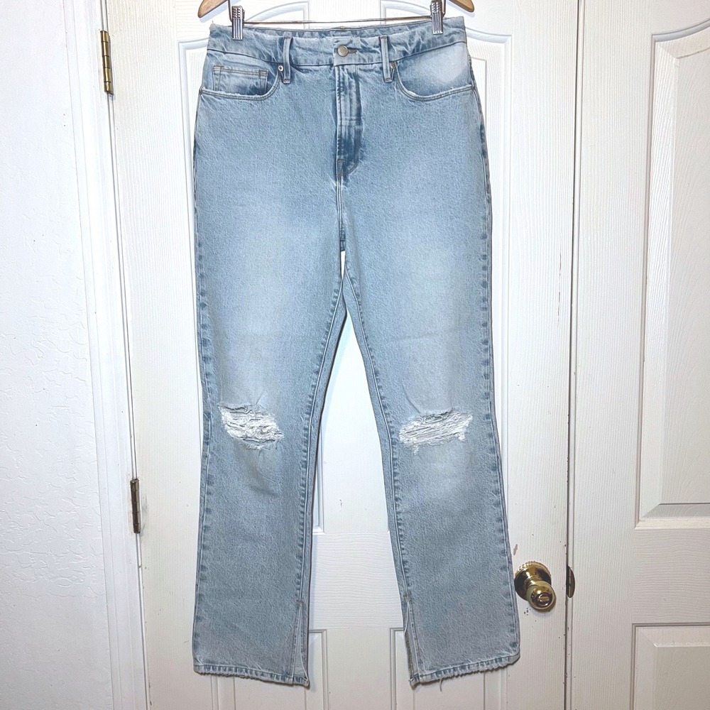 Good American High Rise Straight Distressed Jeans Light Wash Size 10/30